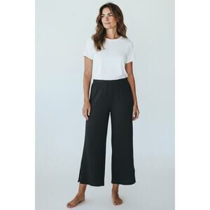 Eileen Fisher Cropped Pants Womens Black Crinkle Textured Wide Leg Slit Hem